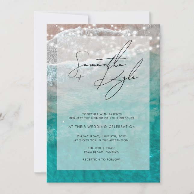 Beach Ocean String Lights Wedding Invitation (Front)