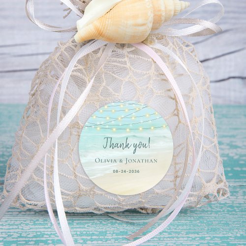 Beach Ocean String Lights Wedding Thank You Classic Round Sticker