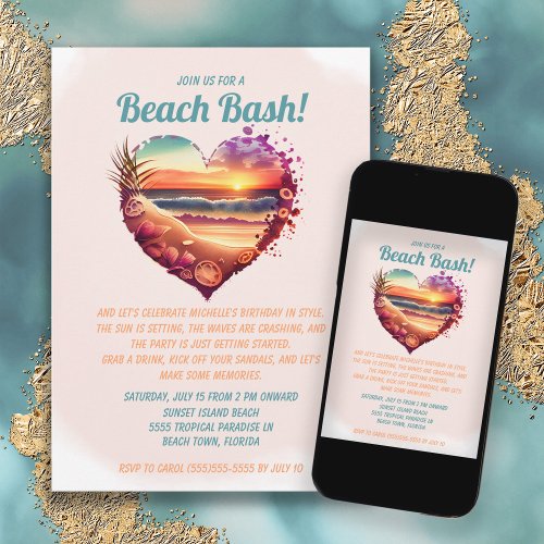 Beach Ocean Sunset Tropical Birthday  Invitation