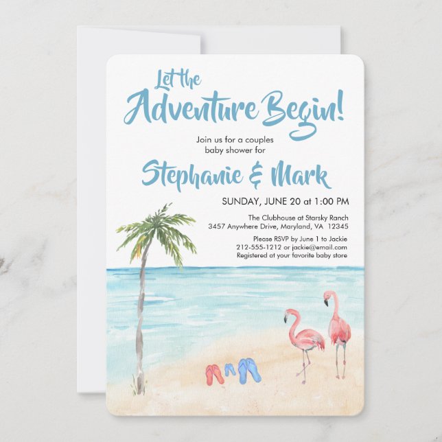 Beach Ocean Surf Adventure Begins Blue Baby Shower Invitation (Front)