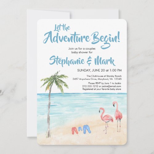 Beach Ocean Surf Adventure Begins Blue Baby Shower Invitation