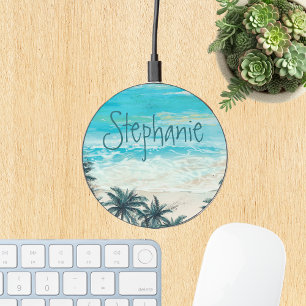Beach Ocean Tropical Monogram name Wireless Charger