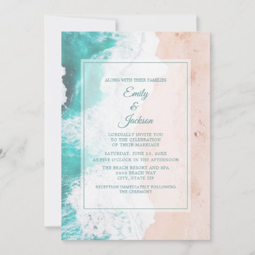 Beach Ocean Tropical Teal White Brown Wedding 2 Invitation