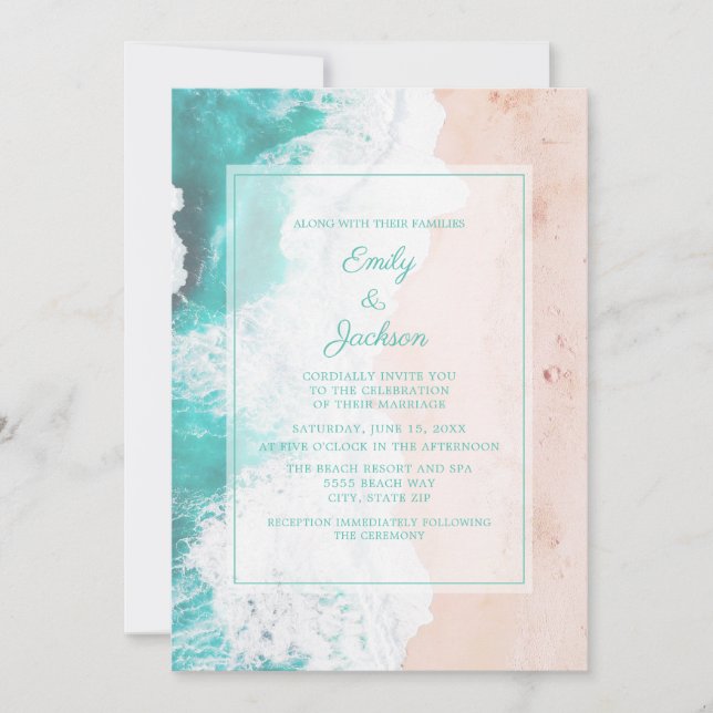 Beach Ocean Tropical Teal White Brown Wedding #3 Invitation (Front)