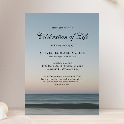 Beach Ocean Water Celebration of Life Gray Blue In Invitation
