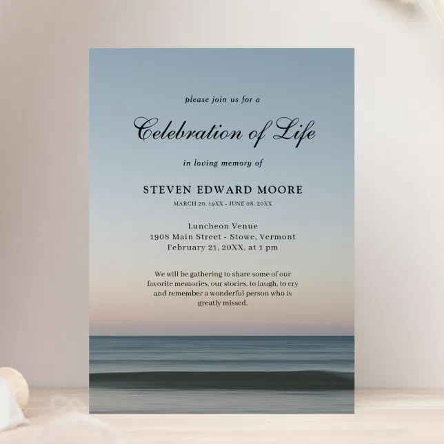 Beach Ocean Water Celebration of Life Gray Blue In Invitation | Zazzle