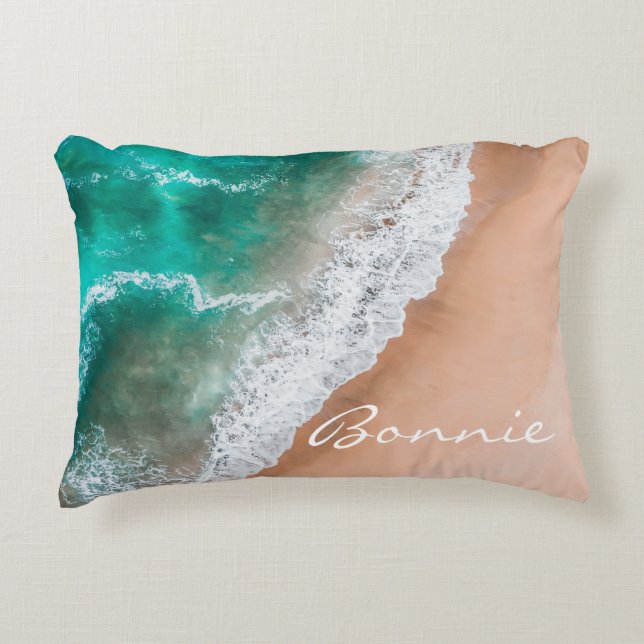 Beach ocean water on seashore sand tropical summer accent pillow (Front)