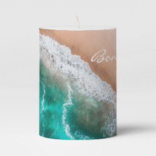 Beach ocean water on seashore sand tropical summer pillar candle