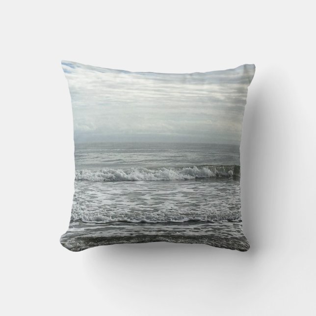 Beach Ocean Water Sky Blue White Grey Cute Coastal Throw Pillow (Front)
