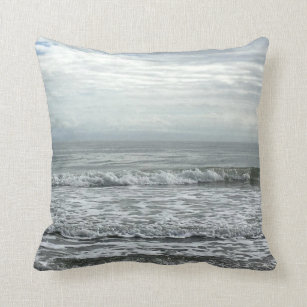 Beach Ocean Water Sky Blue White Grey Cute Coastal Throw Pillow