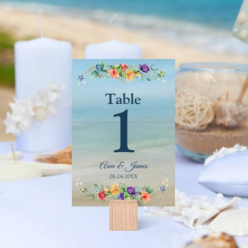 Beach Ocean Watercolor Floral Wedding Table Number