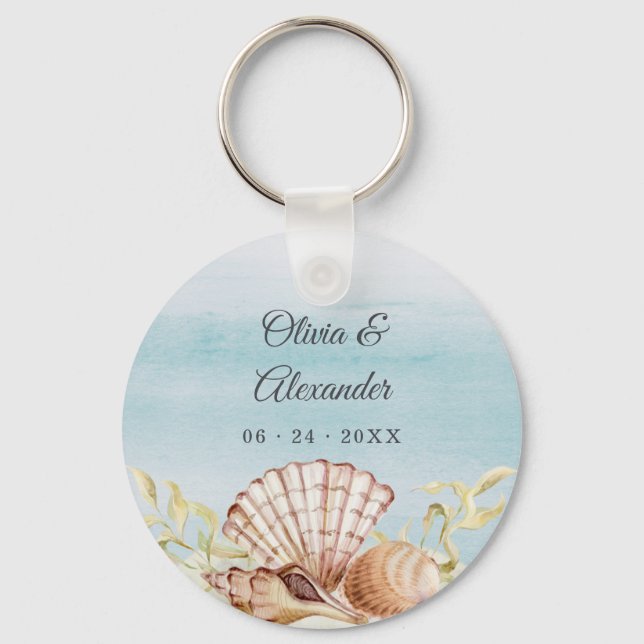 Beach Ocean Watercolor Seashells Wedding Favor Keychain (Front)