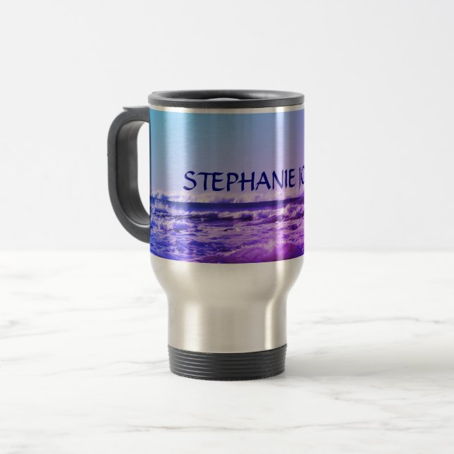 Beach Ocean Wave Monogrammed Name Water Pink Cute Travel Mug (Front Left)
