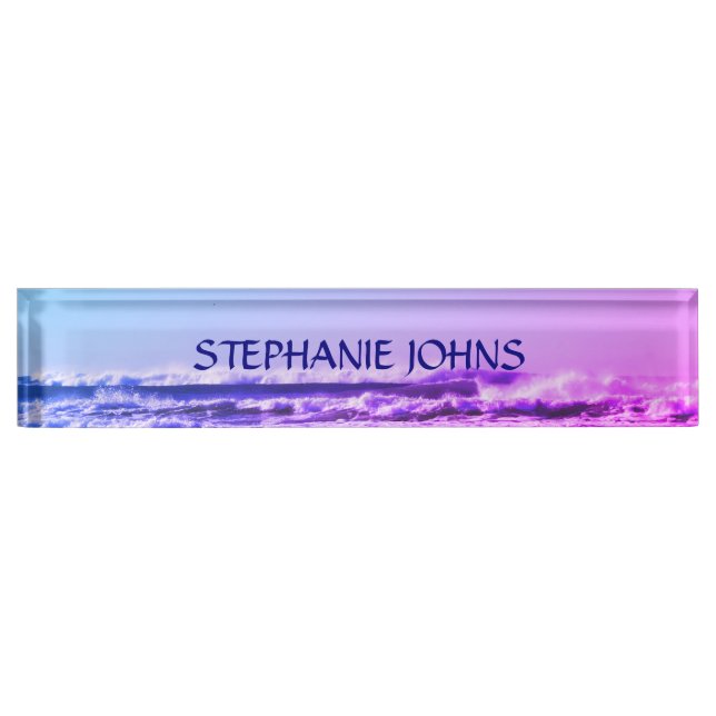 Beach Ocean Wave Monogrammed Name Water Pink Ombre Desk Name Plate (Front)