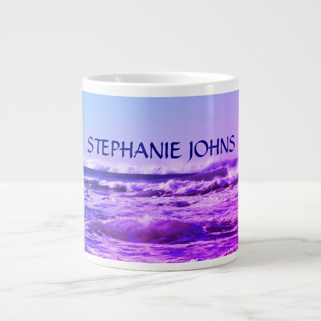Beach Ocean Wave Monogrammed Name Water Pink Ombre Giant Coffee Mug (Front)
