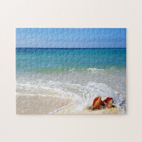 Beach Ocean Wave over Conch Seashells Jigsaw Puzzle