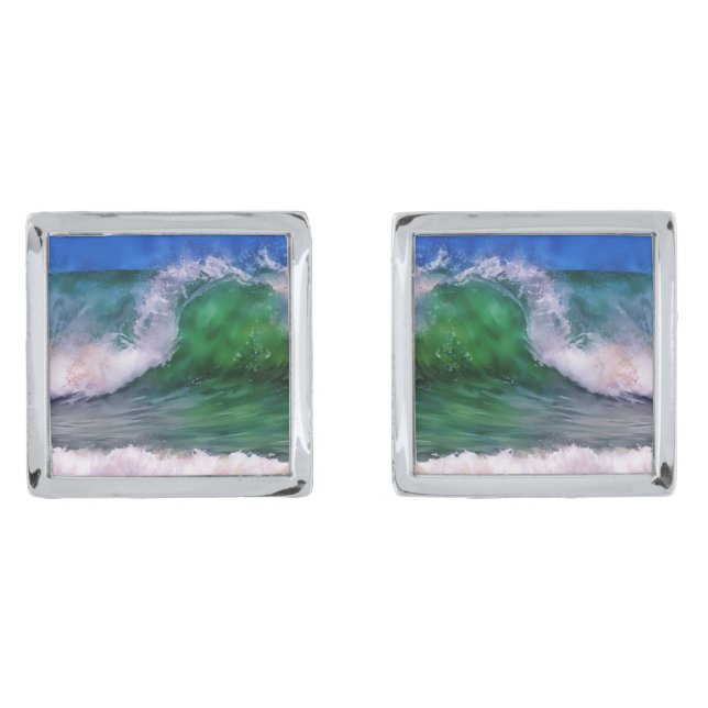 Beach Ocean Wave Tropical Silver Cufflinks (Front)