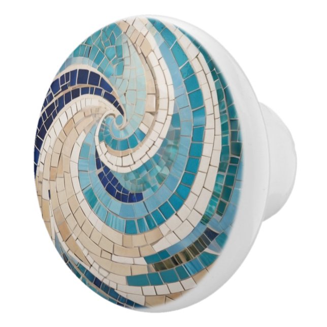 Beach & Ocean Waves Abstract Sea Aqua Blue Mosaic Ceramic Knob (Right)