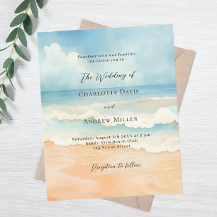 Beach ocean waves blue beige wedding invitation