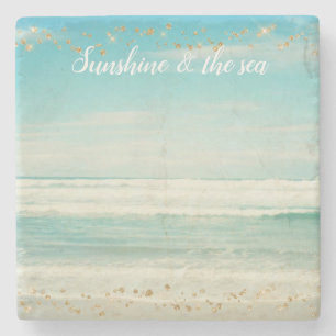 Beach Ocean Waves Gold Confetti Stone Coaster