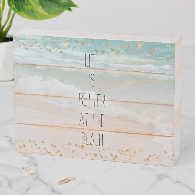 Beach Ocean Waves Gold Confetti Wooden Box Sign (In Situ Horizontal)