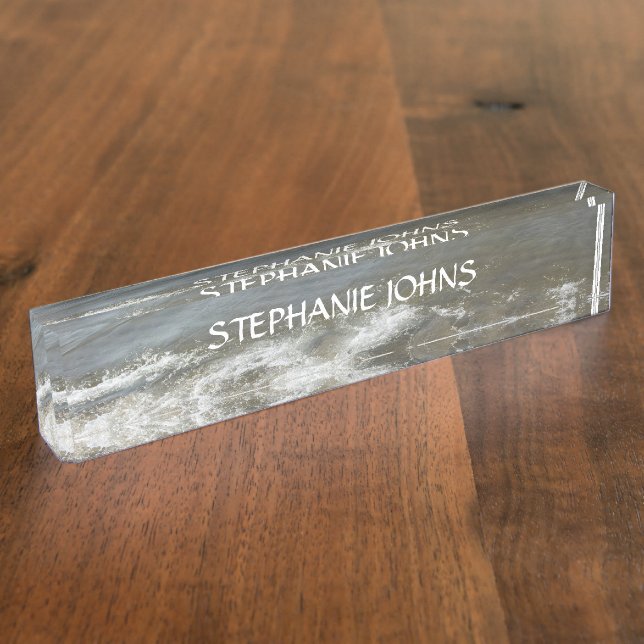 Beach Ocean Waves Monogram Custom Name Blue Water Desk Name Plate (Side)