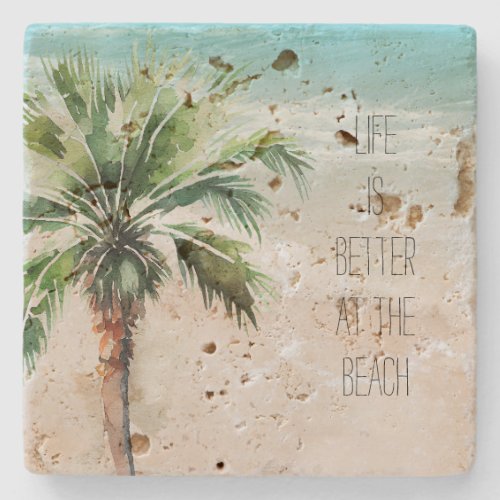 Beach Ocean Waves Palm Tree Stone Coaster