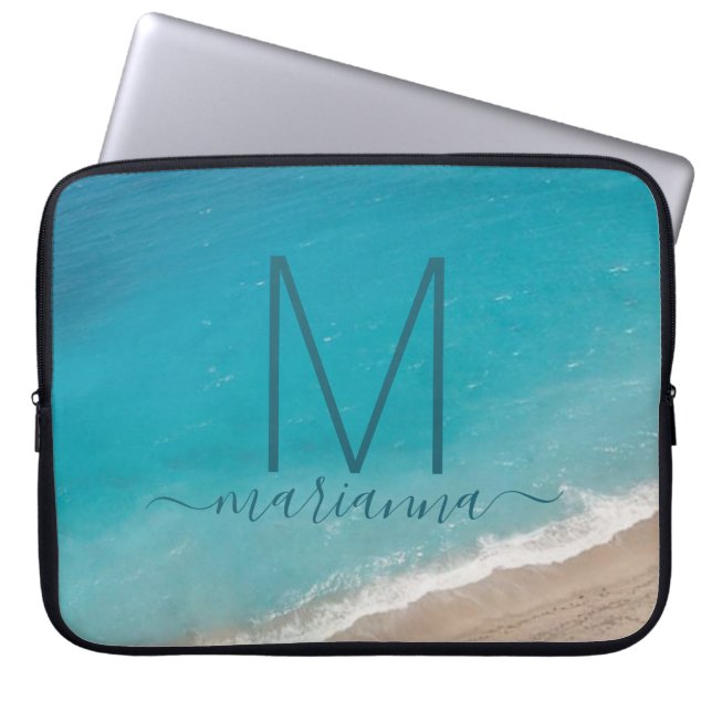 Beach Ocean Waves Teal Personalized Laptop Sleeve (Front)