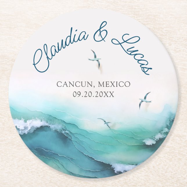 Beach Ocean Waves Wedding Round Paper Coaster (Front)