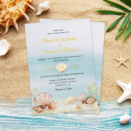 Beach Ocean Wedding Elegant Gold Foil Invitation