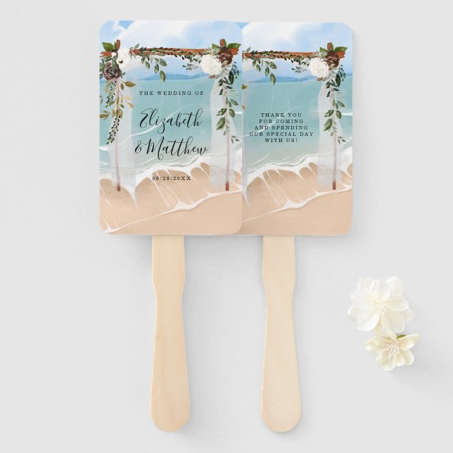 Beach Ocean White Canopy Marsala Floral Wedding  Hand Fan (Front and Back)