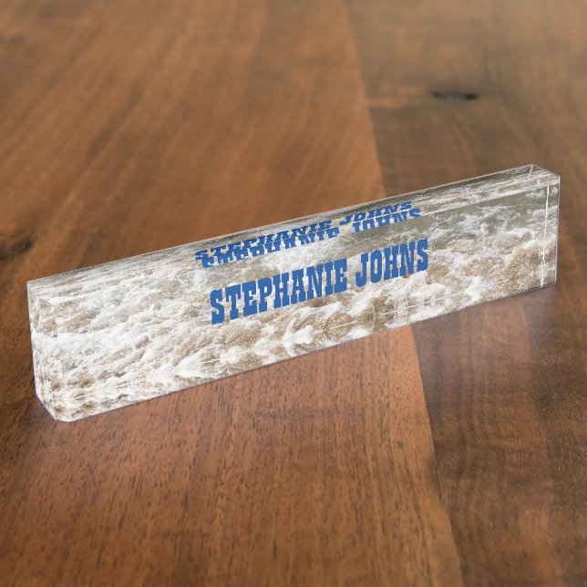 Beach Ocean White Waves Monogram Blue Custom Name  Desk Name Plate (Side)