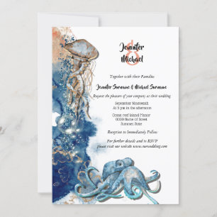 Beach octopus blue brown orange watercolor fish invitation