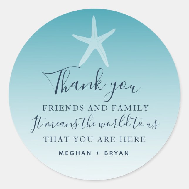 Beach Ombre Starfish Thank You Wedding Favor Classic Round Sticker (Front)