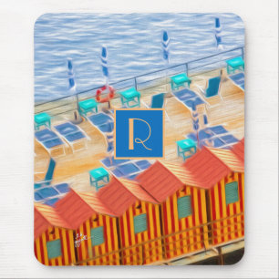 Beach Orange and Blue Tropical Cabanas Monogram Mouse Pad