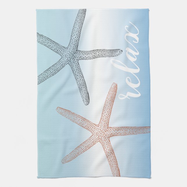 Beach Orange Blue Starfish Relax Kitchen Towel (Vertical)