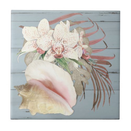 Beach Orchid Floral Conch Seashell Dusty Blue Wood Ceramic Tile