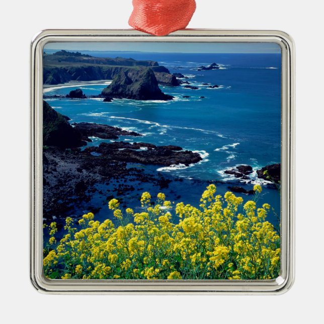 Beach Pacific Coastline Wildflowers Mendocino Metal Ornament (Front)