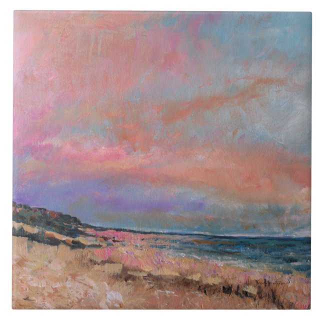 Beach Painting Coastal Pink Clouds Ceramic Tile (Front)