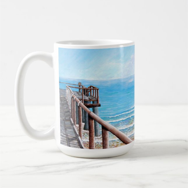 Beach Painting Wooden Pier Ocean Coffee Mug (Left)