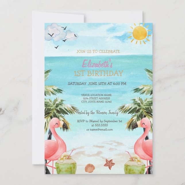 Beach Palm Pink Flamingos Cocktail 1st   Invitation (Front)