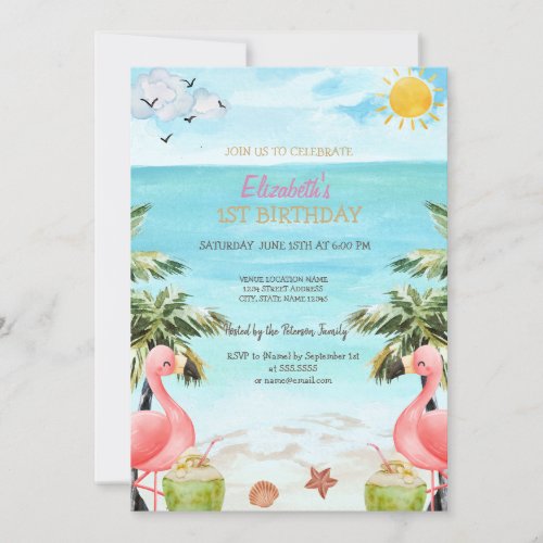 Beach Palm Pink Flamingos Cocktail 1st   Invitation