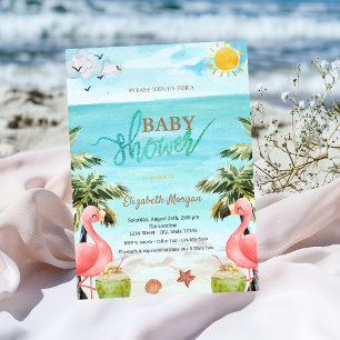 Beach Palm Pink Flamingos Cocktail Baby Shower Invitation