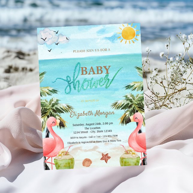 Beach Palm Pink Flamingos Cocktail Baby Shower  Invitation (Creator Uploaded)