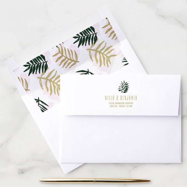 Beach Palm Pink Tropical Leaves Return Address Envelope (Pink and green tropical palm leaves lined return address envelope.)