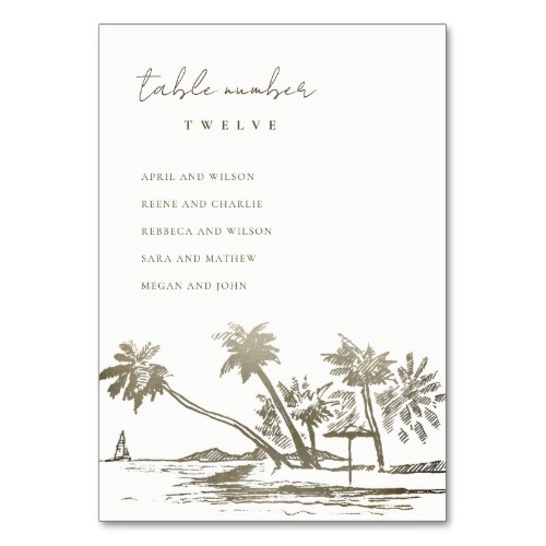 Beach Palm Sketch Pale Gold Wedding Seating Chart Table Number