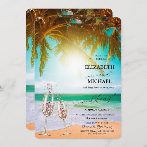 BeachPalmSun LightsGlass Script Wedding Invitation