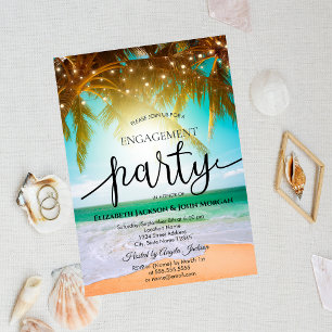 Beach,Palm,Sun,String Lights Script Engagement Invitation