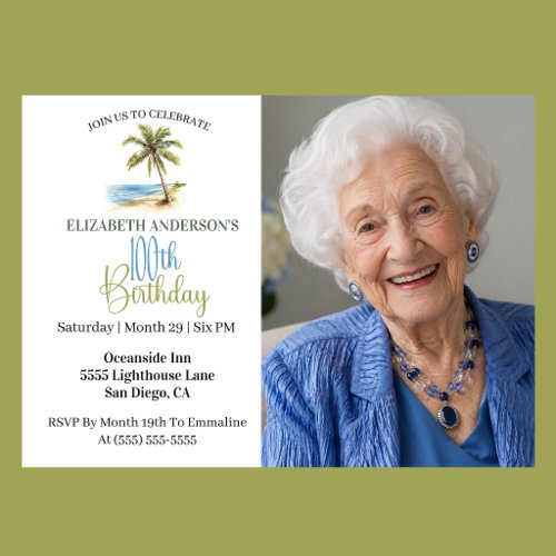 Beach Palm Tree 100th Birthday Photo Invitation