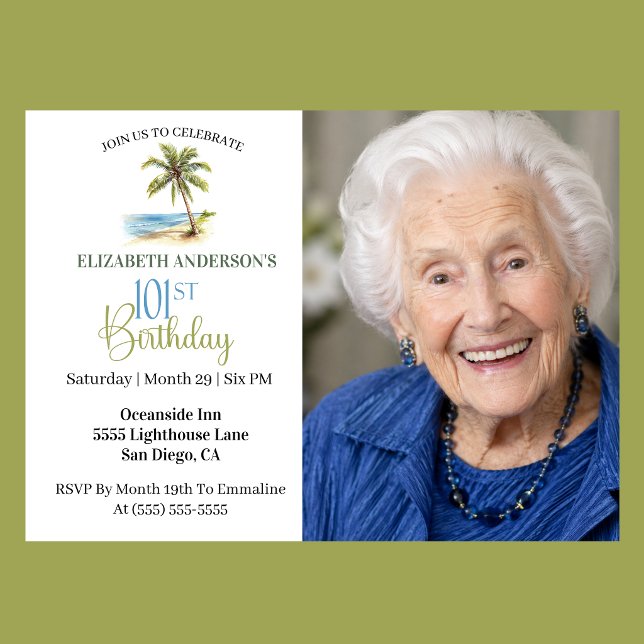 Beach Palm Tree 101st Birthday Photo Invitation (Elegant coastal 101st birthday photo invitation with tropical palm tree beach design )